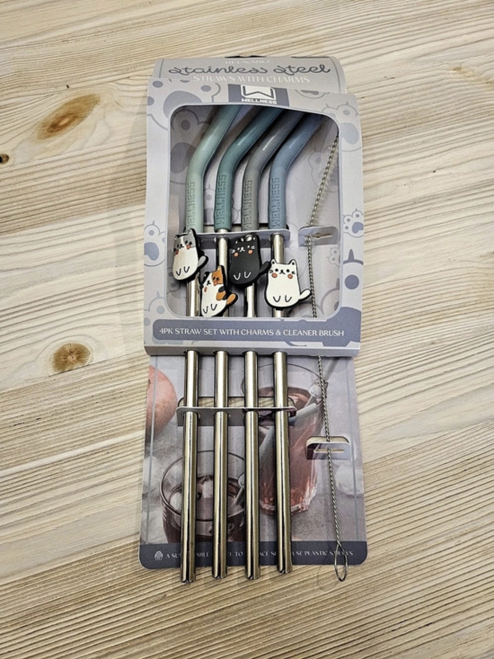 Wellness Stainless Steel Straw Set Cat Charms & Cleaner Brush Reusable Straw